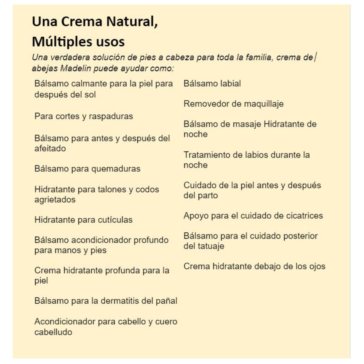 Crema Natural a Base de Abejas Madelin Para el Cuidado de la Piel Hidratante y Reparadora