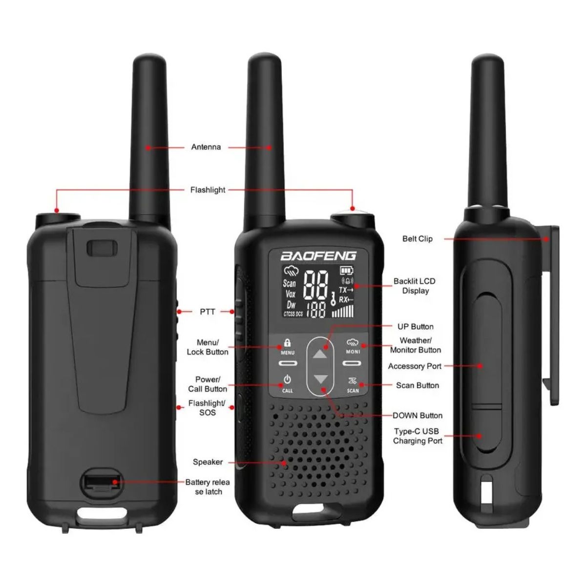 2 uds Baofeng BF-F22 PMR FRS Mini Walkie Talkie 2-5W impermeable 22CH NOAA portátil USB-C (5)