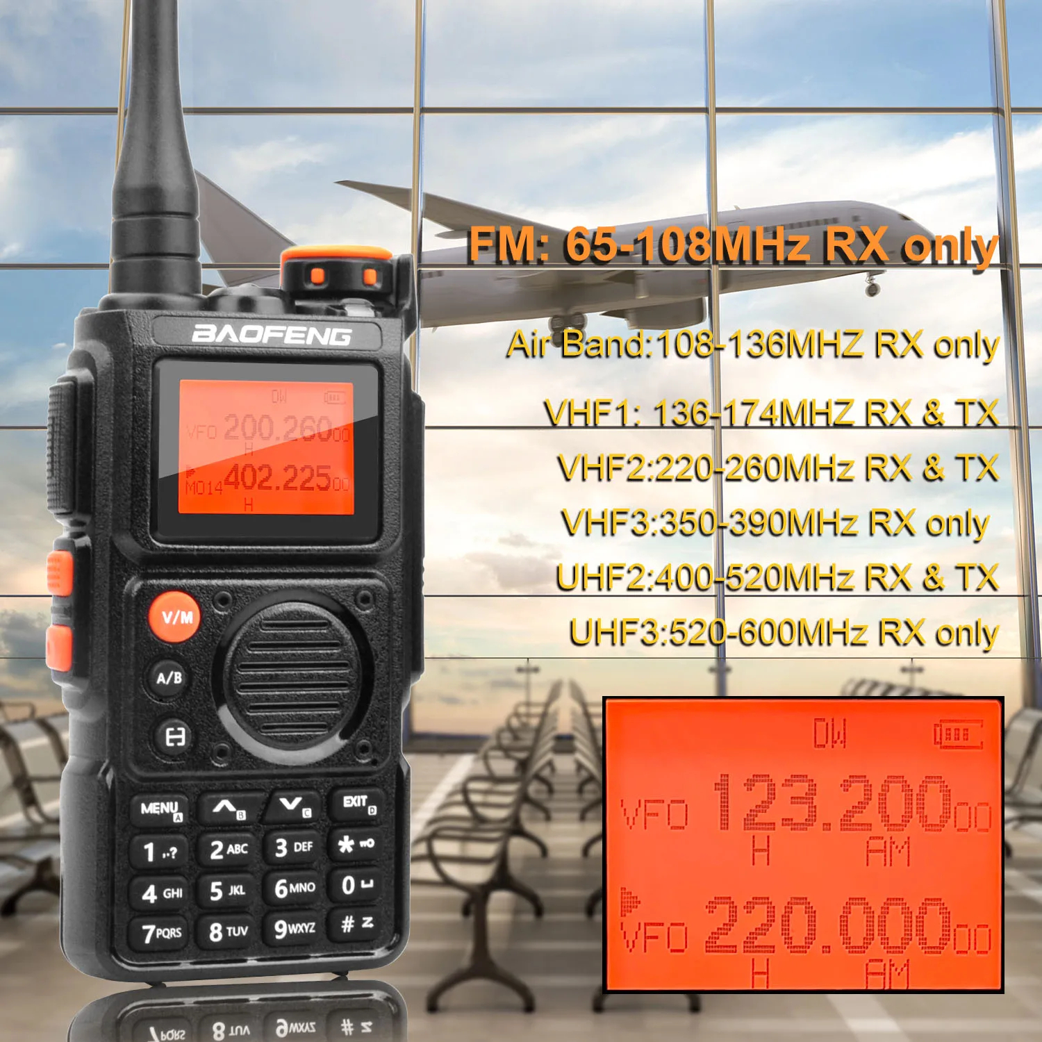 Baofeng UV-K6 Radio Tri-Banda UHF VHF 5W 999 Canales FM AM Wireless Freq (Nuevo Sin Batería) (15)