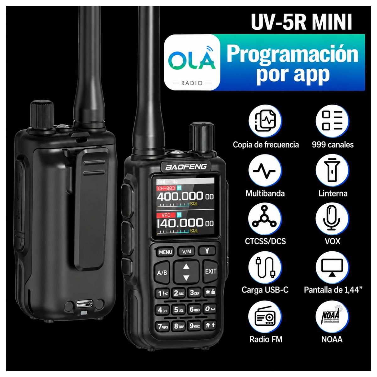 Radio Baofeng Mini 5 5W 2200 mAh Walkie Talkie, Bluetooth Programming Frequency, Frequency Search, Dual PTT, AM/FM Band, Type-C Charger, USB-C, Portable Camping 2-Way Radio - Image 7