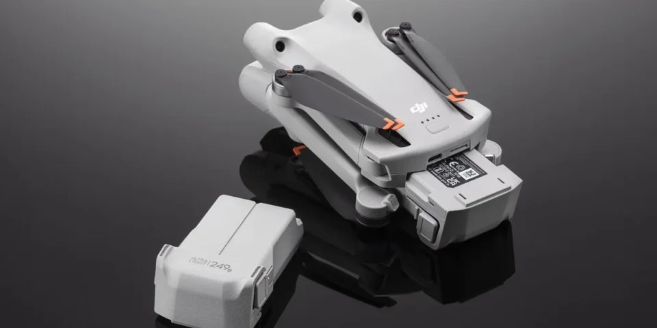 Baterías DJI Mini junto a dron DJI Mini plegado
